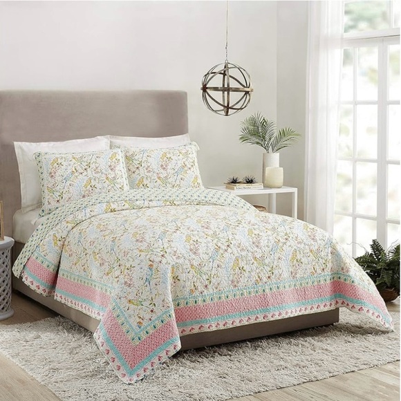 DENA HOME 3 Piece Quilt Set SONNET Parakeets Parrots Flowers Reversible Queen